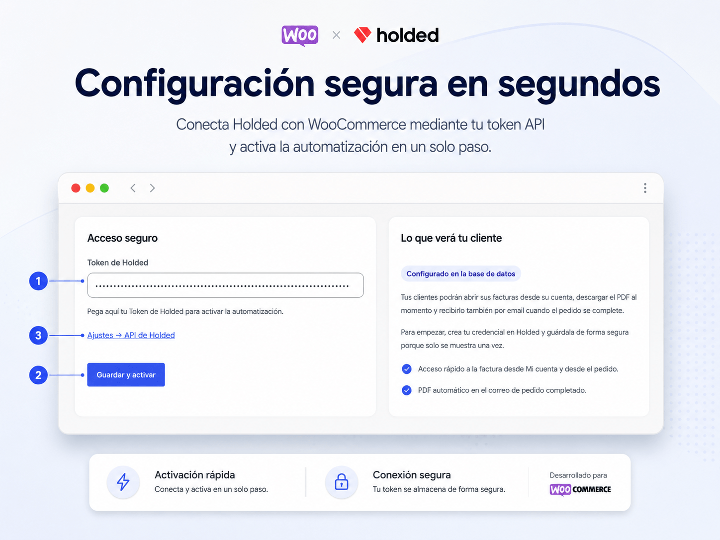 Panel de configuración del plugin Facturas Holded para WooCommerce con ajustes de API Key, envío automático y formato PDF
