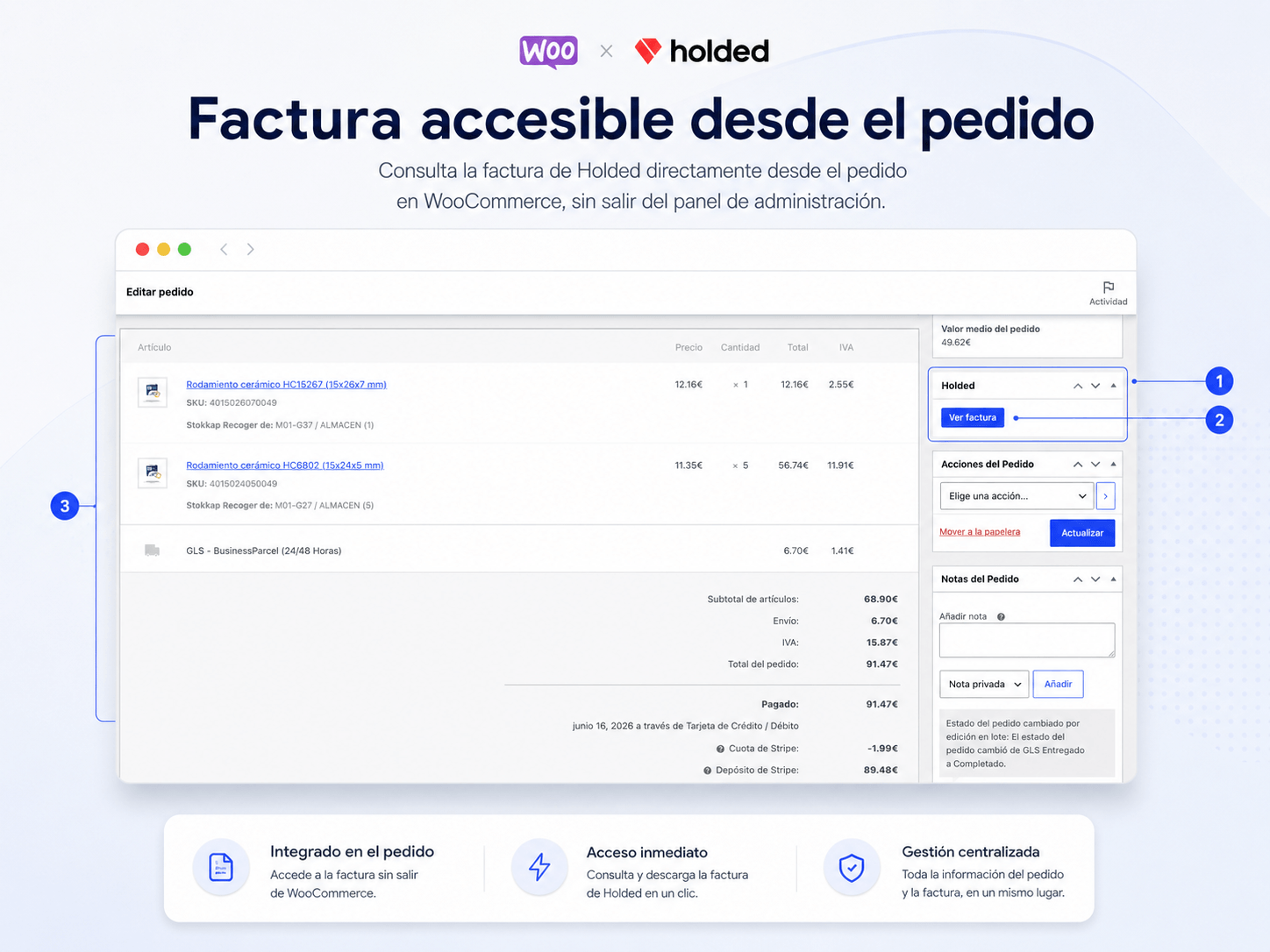 Panel de pedidos WooCommerce con botón de descarga de factura Holded PDF integrado en Mi Cuenta