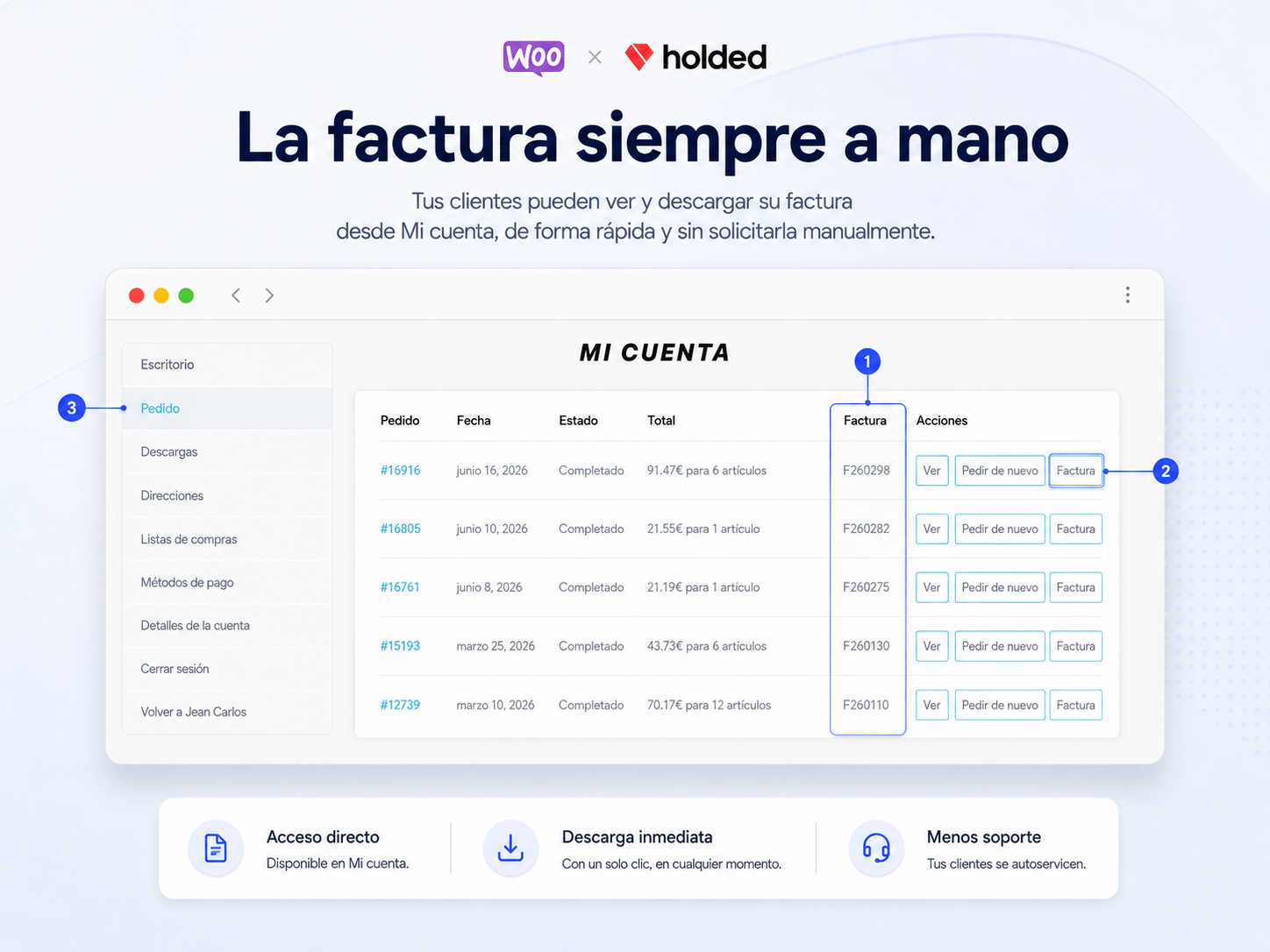 Vista previa de factura PDF generada por Holded con datos fiscales españoles, IVA y formato profesional